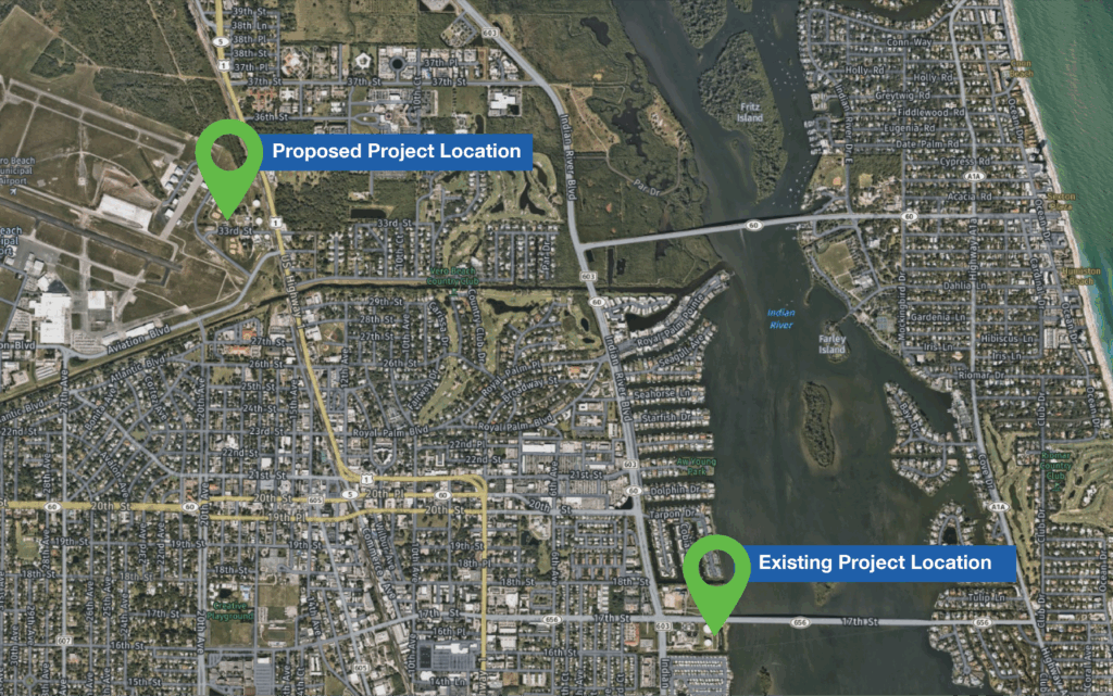 Map showing the existing project location site near 17th Street and Indian River Blvd as well as the proposed project location near 33rd St and US 1.